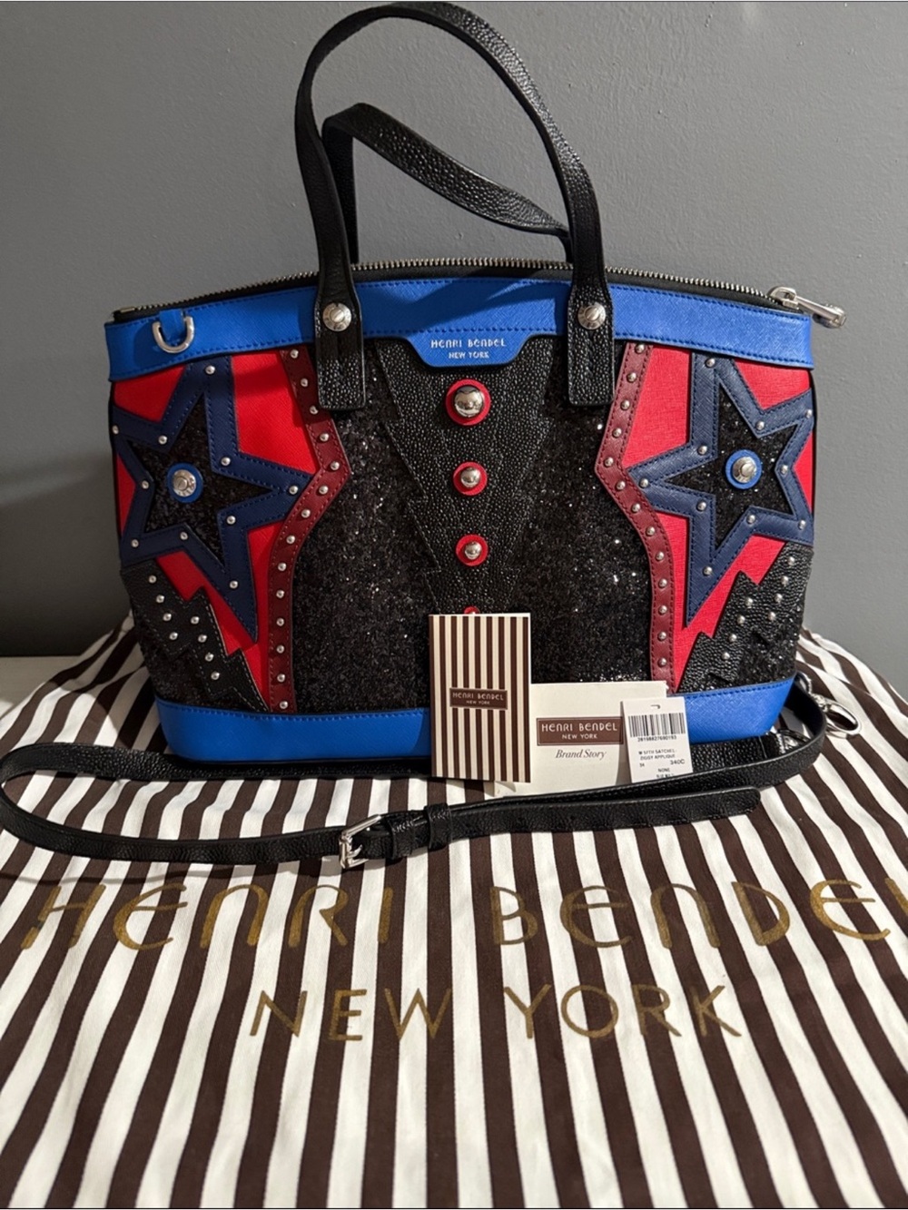 Henri Bendel Ziggy Satchel, West 57th with crossbody strap, dust bag, & tags
